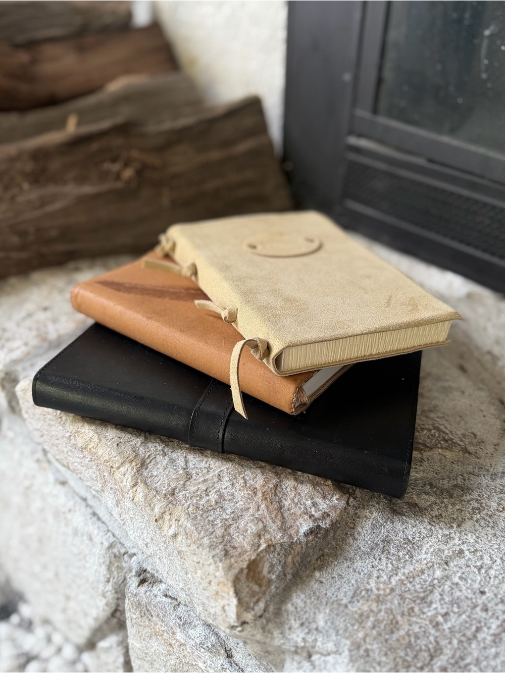 Leather bound Journal Set - Black, Tan & Cream with Gel Pens